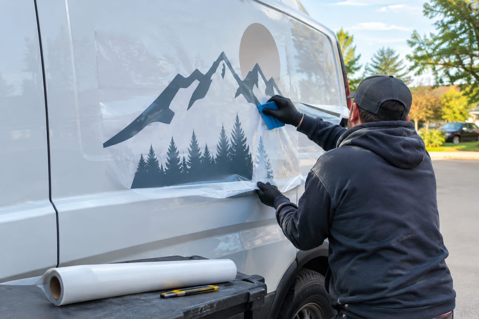 Two movers in matching gray shirts carrying a wrapped dresser down a suburban front walk toward a truck
