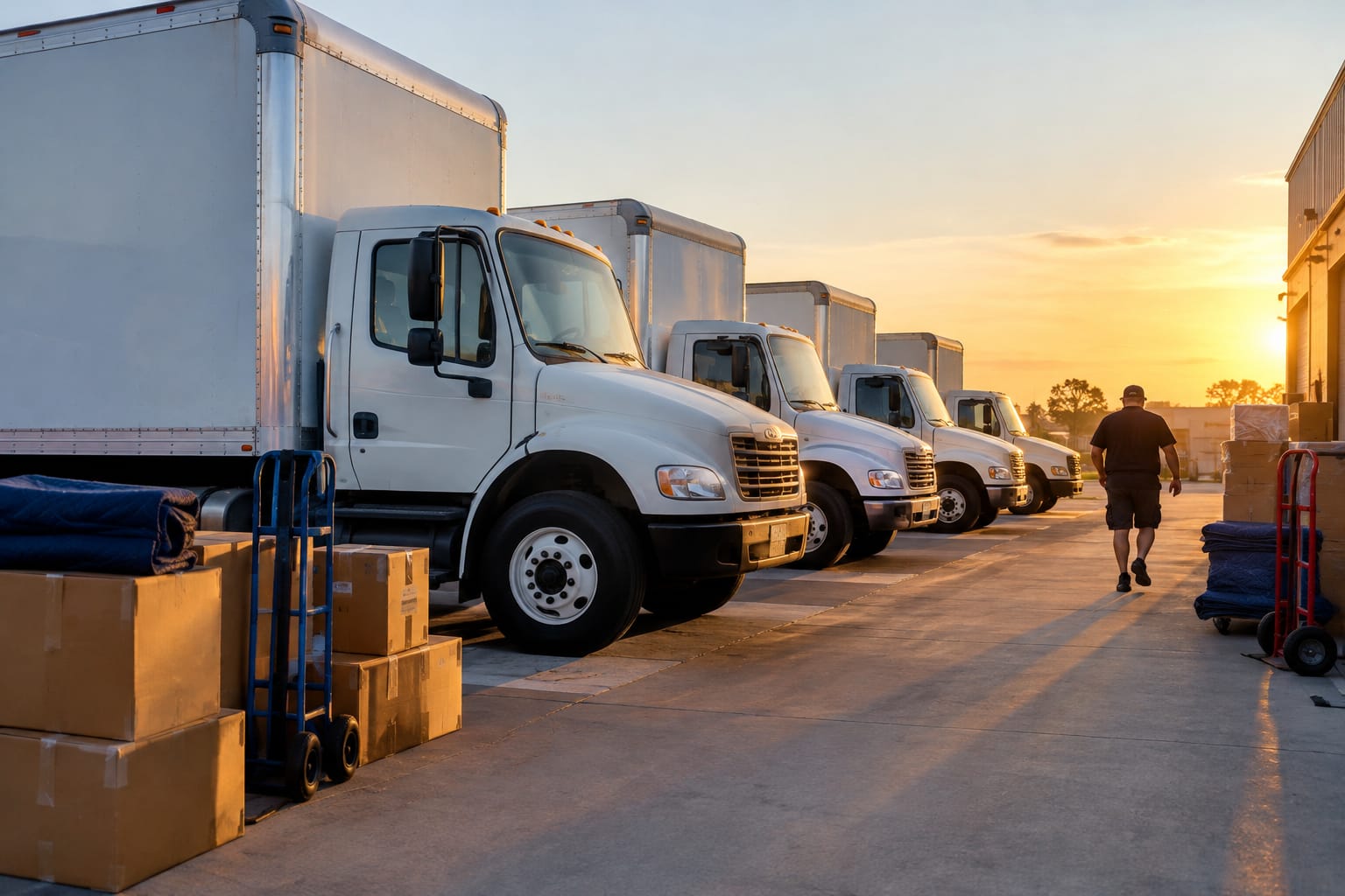 Moving company owner beside a plain white box truck holding a clipboard with a handwritten list of name ideas