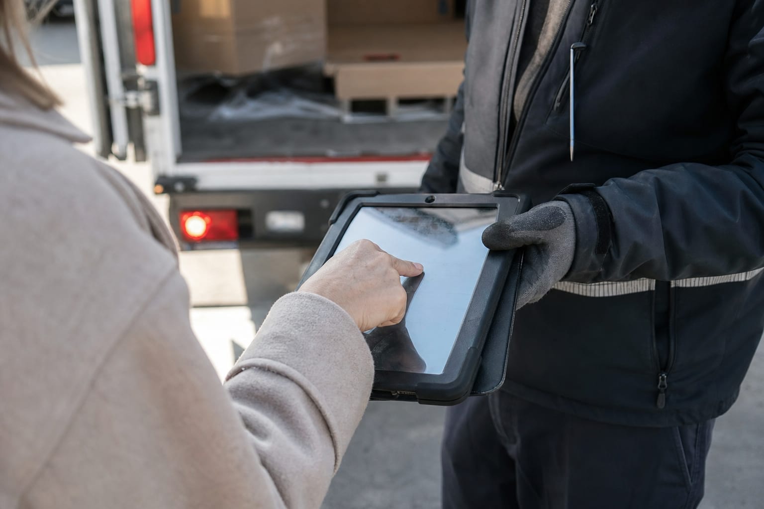 Customer signing a bill of lading with a finger on a tablet held by a gloved crew lead