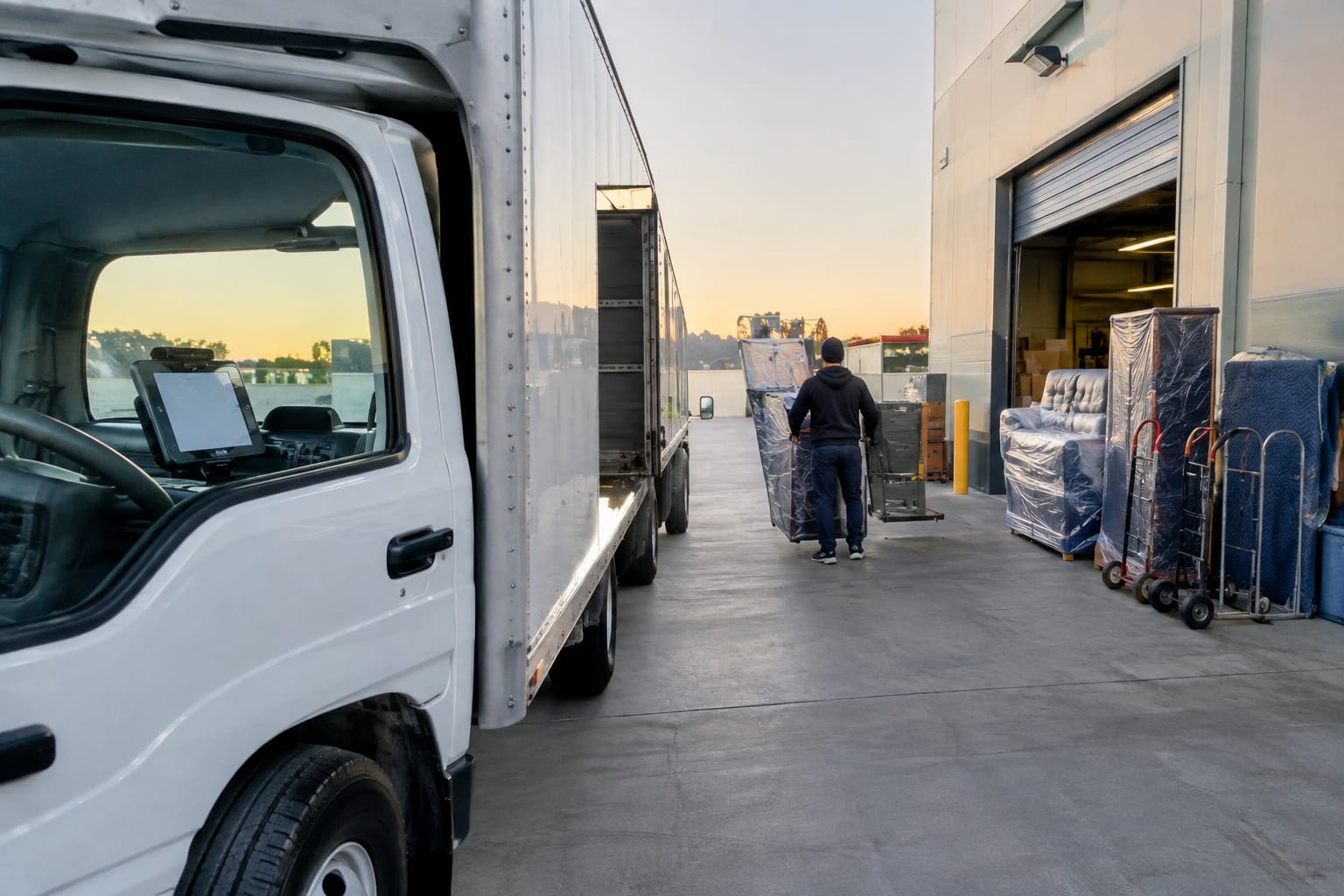 Laptop showing a dispatch calendar on an office desk, with two moving box trucks parked in the yard outside