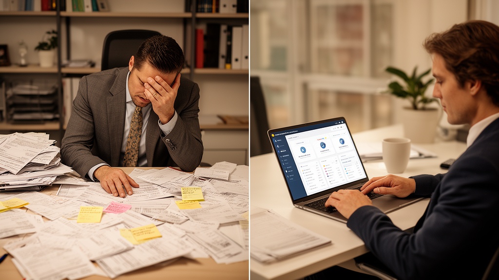A side-by-side realistic office scene: on the left, a frustrated business owner at a cluttered desk 