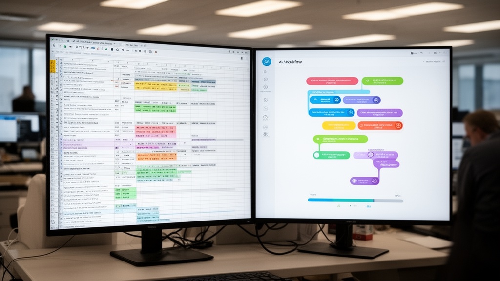 A split-screen view on a monitor: on the left, a cluttered spreadsheet showing manual job scheduling