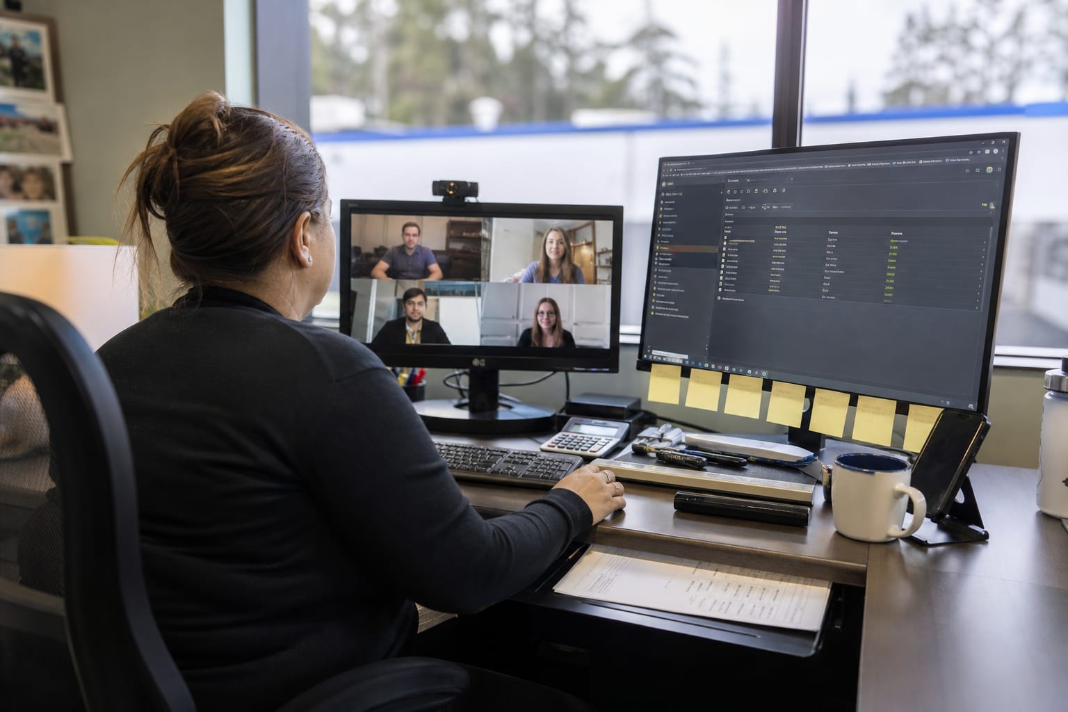 Operations manager on a video call beside a monitor showing a customer job record and inventory list.