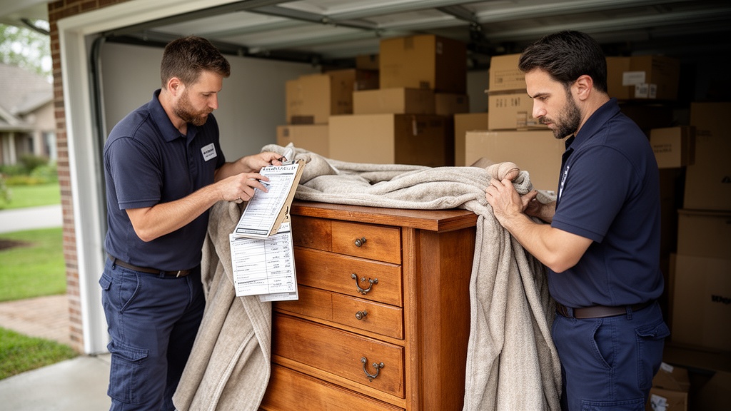 Two movers in uniform carefully wrap a large wooden dresser in moving blankets in a suburban garage.
