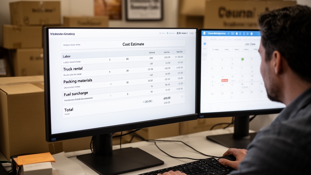 A moving company office manager reviews a cost estimate on a desktop computer screen showing a line-