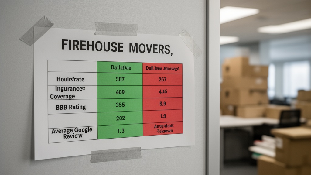 A printed comparison table taped to a moving company office wall showing Firehouse Movers rated agai
