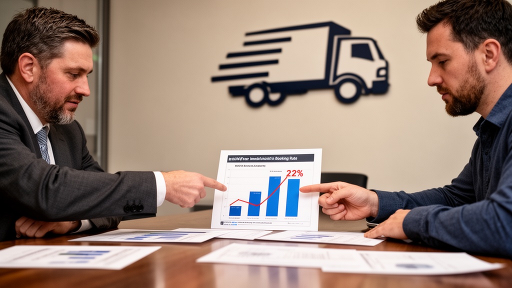 A moving company owner and his operations manager reviewing printed CRM analytics reports at a confe