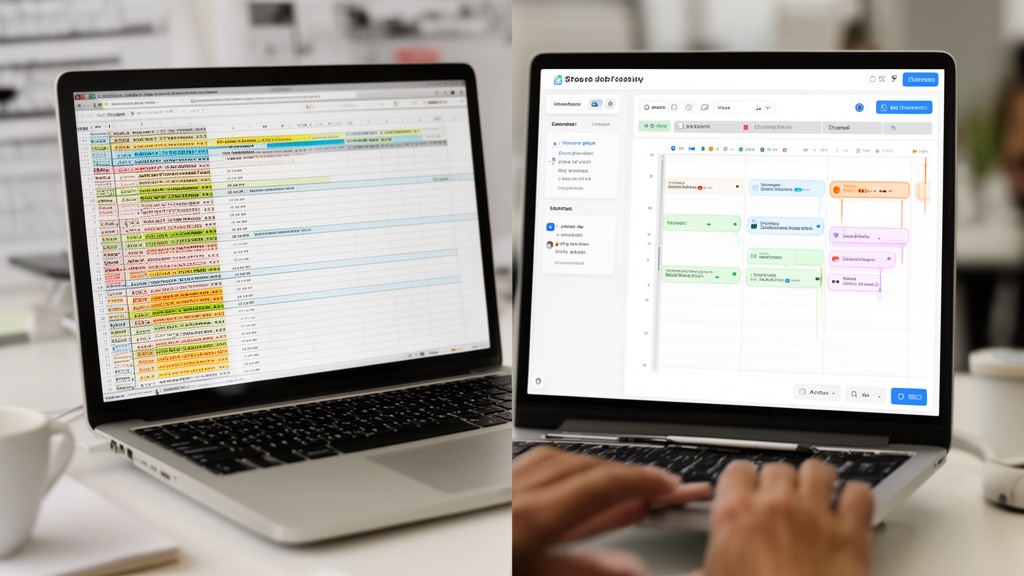 A split-screen view on a laptop: left side shows a cluttered spreadsheet with color-coded rows and m