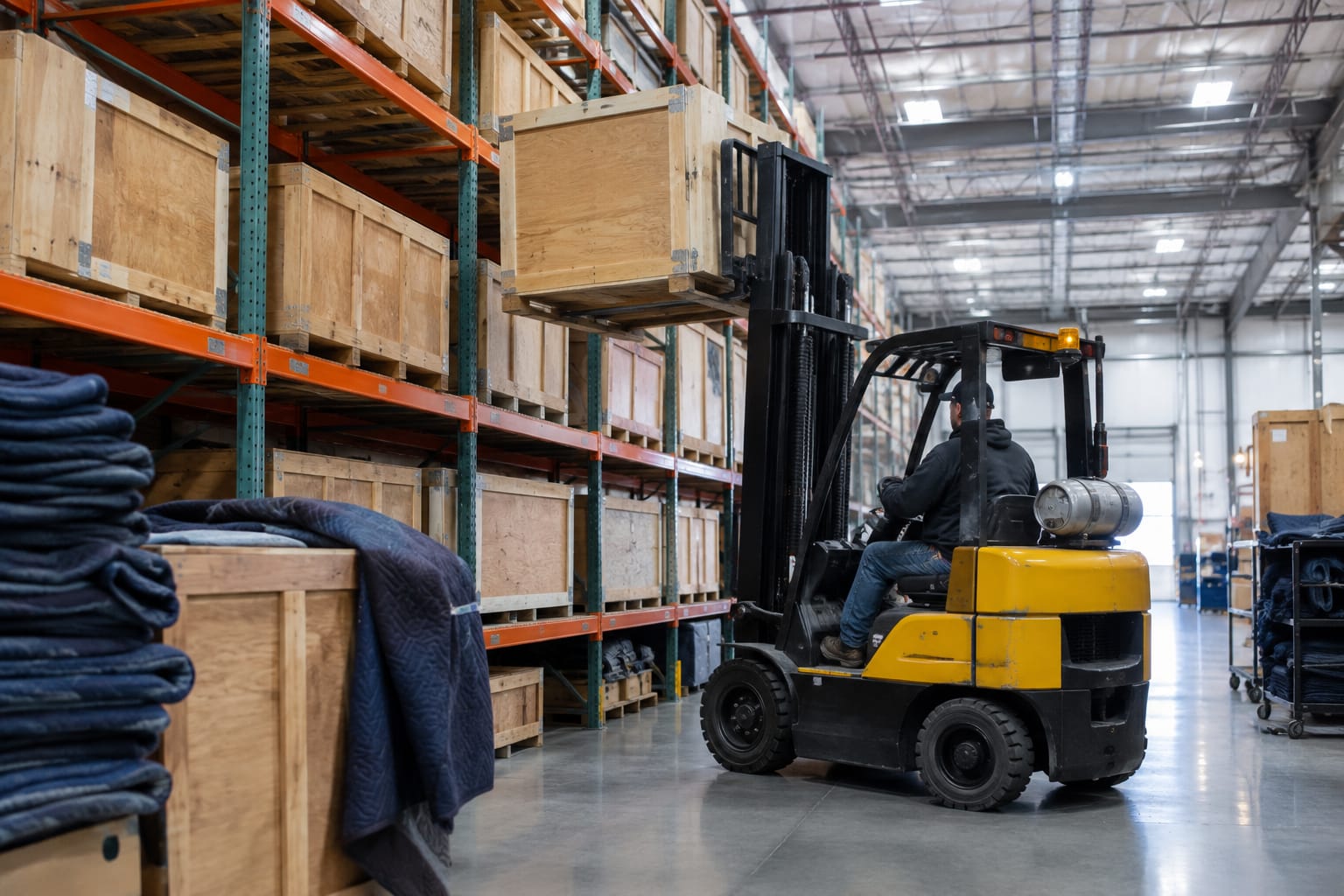 Tagged wooden storage vaults stacked three high in a warehouse aisle with a parked forklift