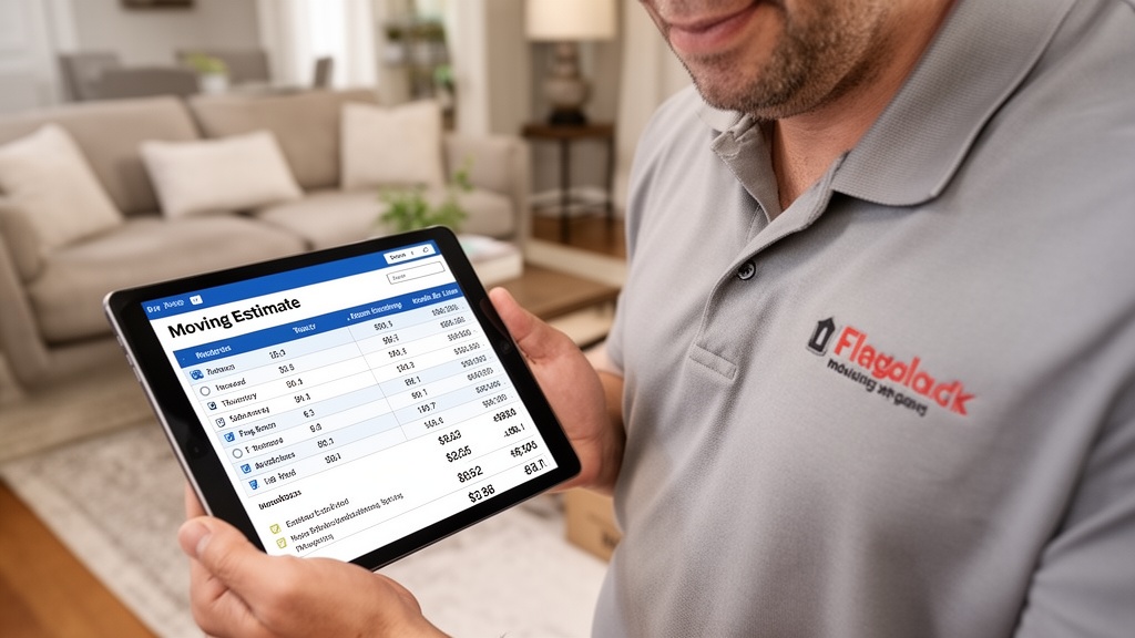 Close-up of a tablet screen showing a digital moving estimate form with an itemized inventory checkl