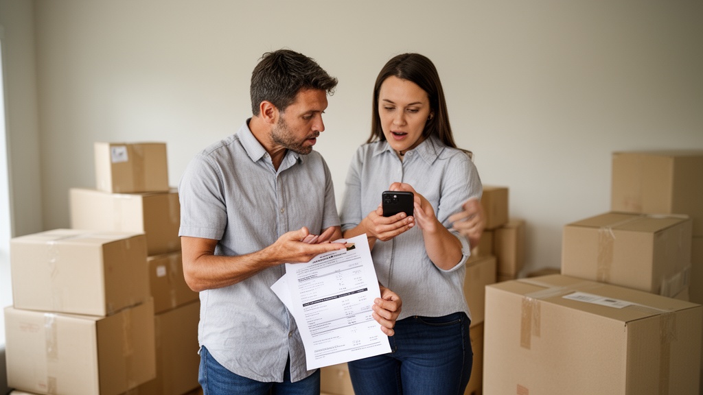 A couple in their early thirties stands in a completely empty living room surrounded by neatly stack