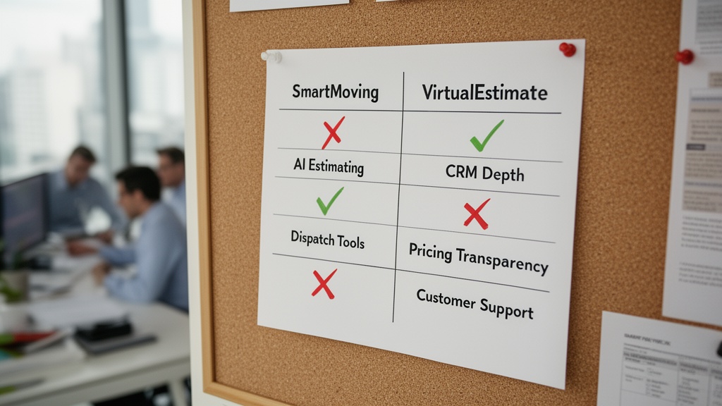 A printed feature comparison sheet pinned to an office corkboard with two columns labeled 'SmartMovi
