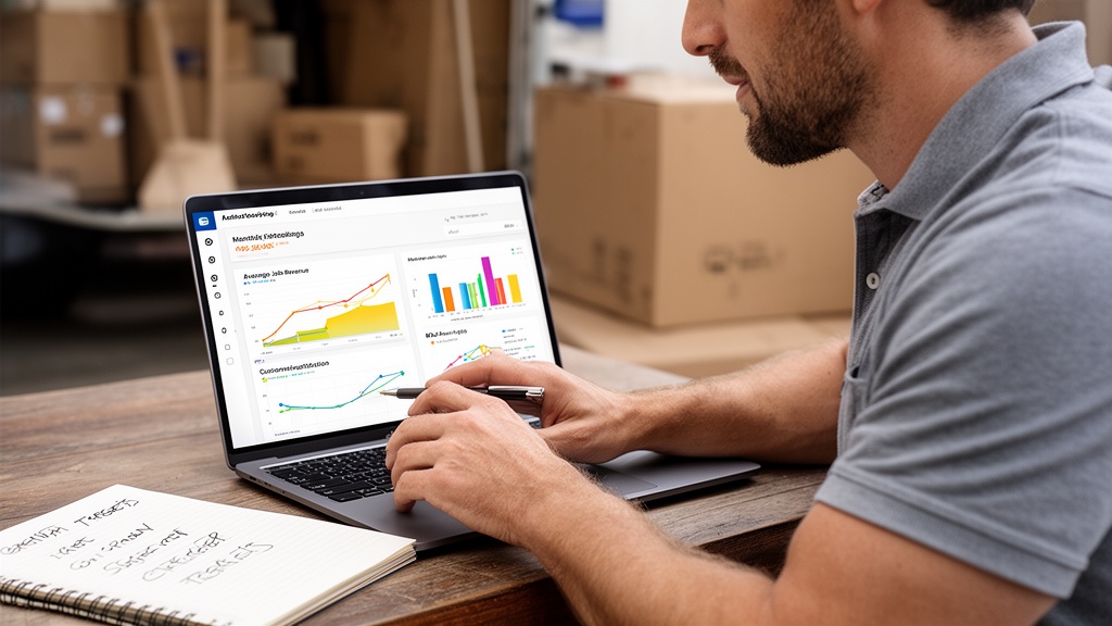 A moving company owner in a casual polo shirt reviews a laptop screen showing a bar and line chart d