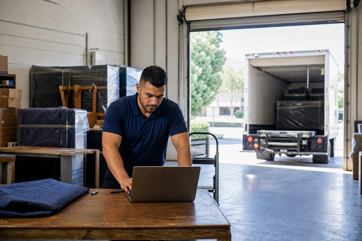 Moving company owner reviewing a laptop with wrapped furniture and a box truck behind him.