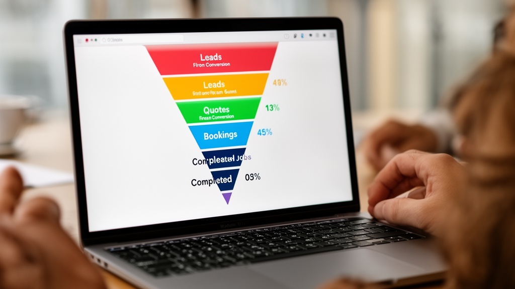 A close-up of a laptop screen showing a colorful CRM funnel visualization — leads at the top narrowi