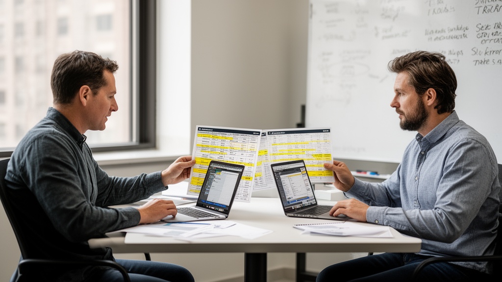 Two moving company owners seated across from each other at a small conference table, laptops open, c