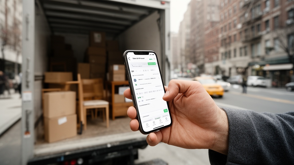 A close-up of a mover's hand using a smartphone app to log inventory items in front of an open movin