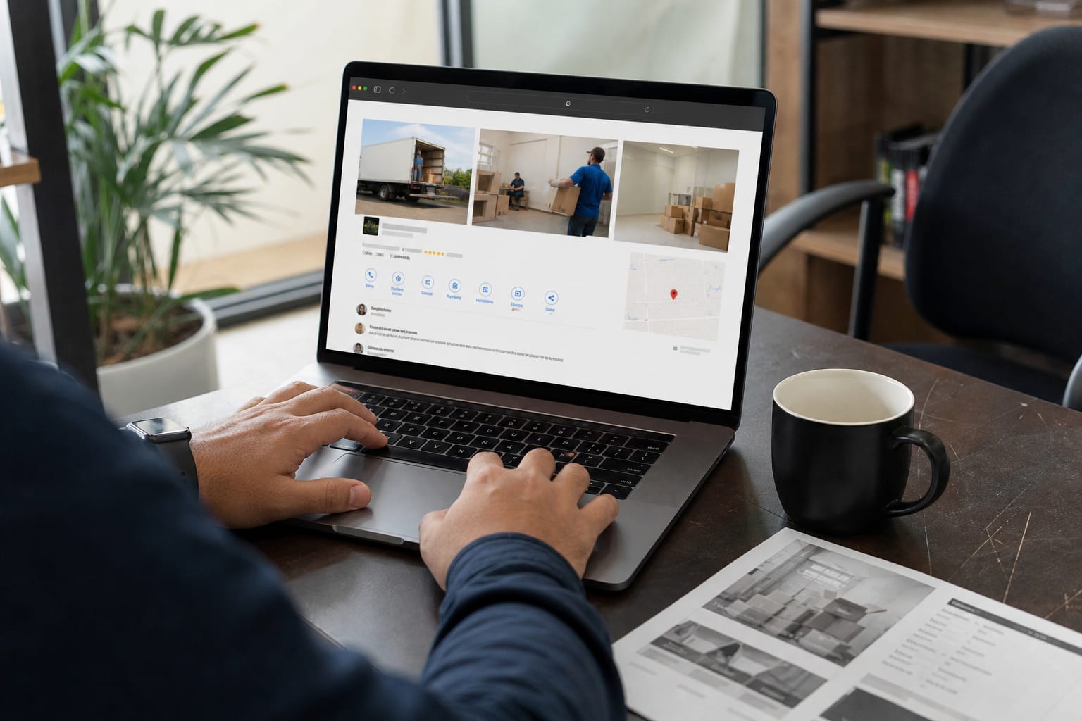 Laptop screen showing a local moving company Google Business Profile with photos and reviews