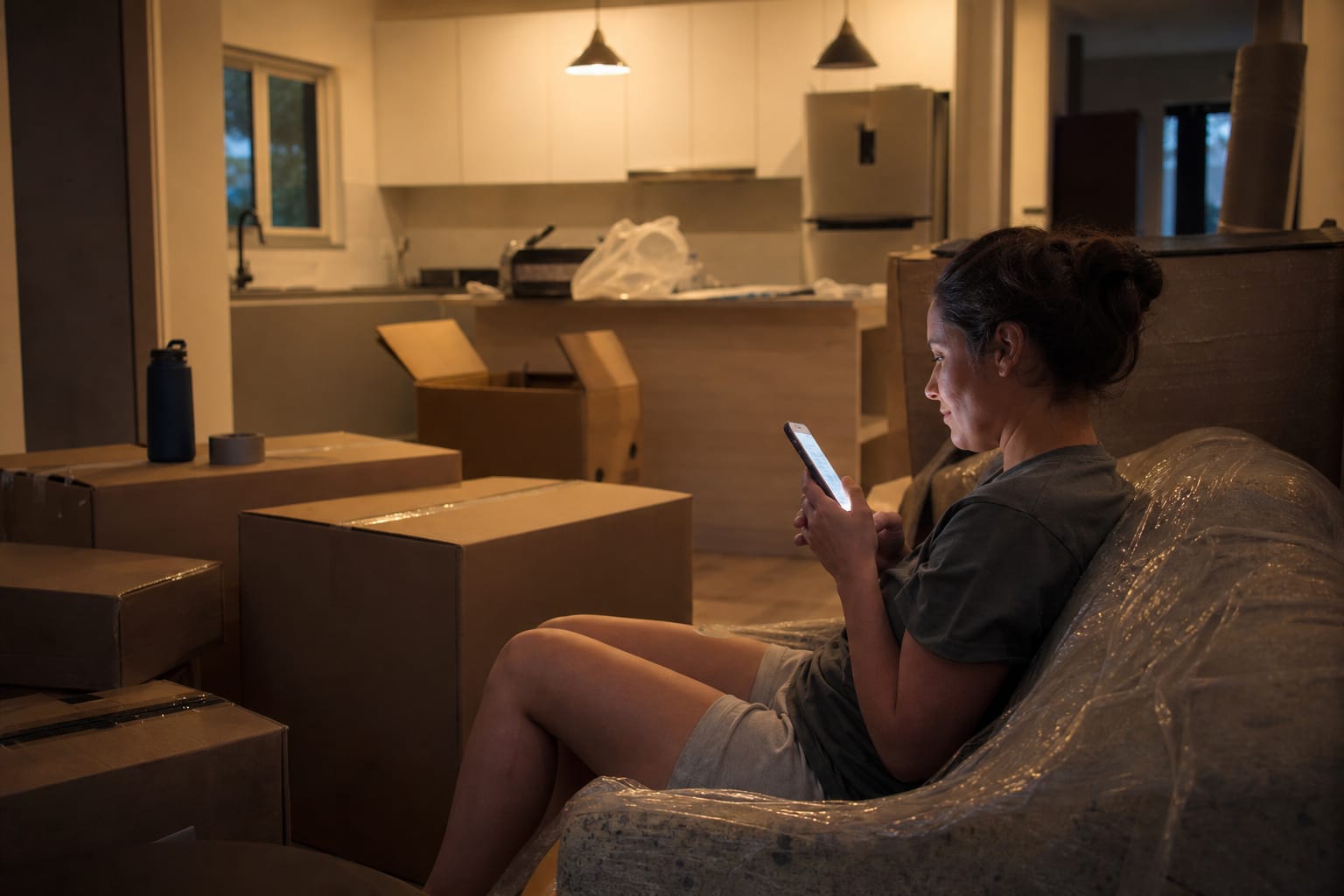 Woman on a wrapped couch among moving boxes searching on her phone in evening light