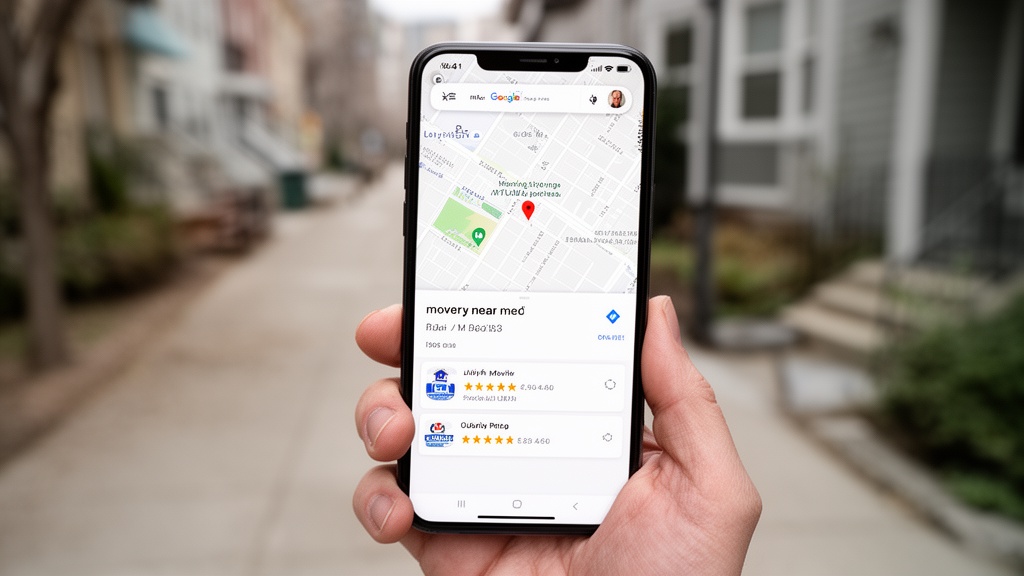 A hand holding a smartphone displaying a Google Maps search results page for 'movers near me' showin