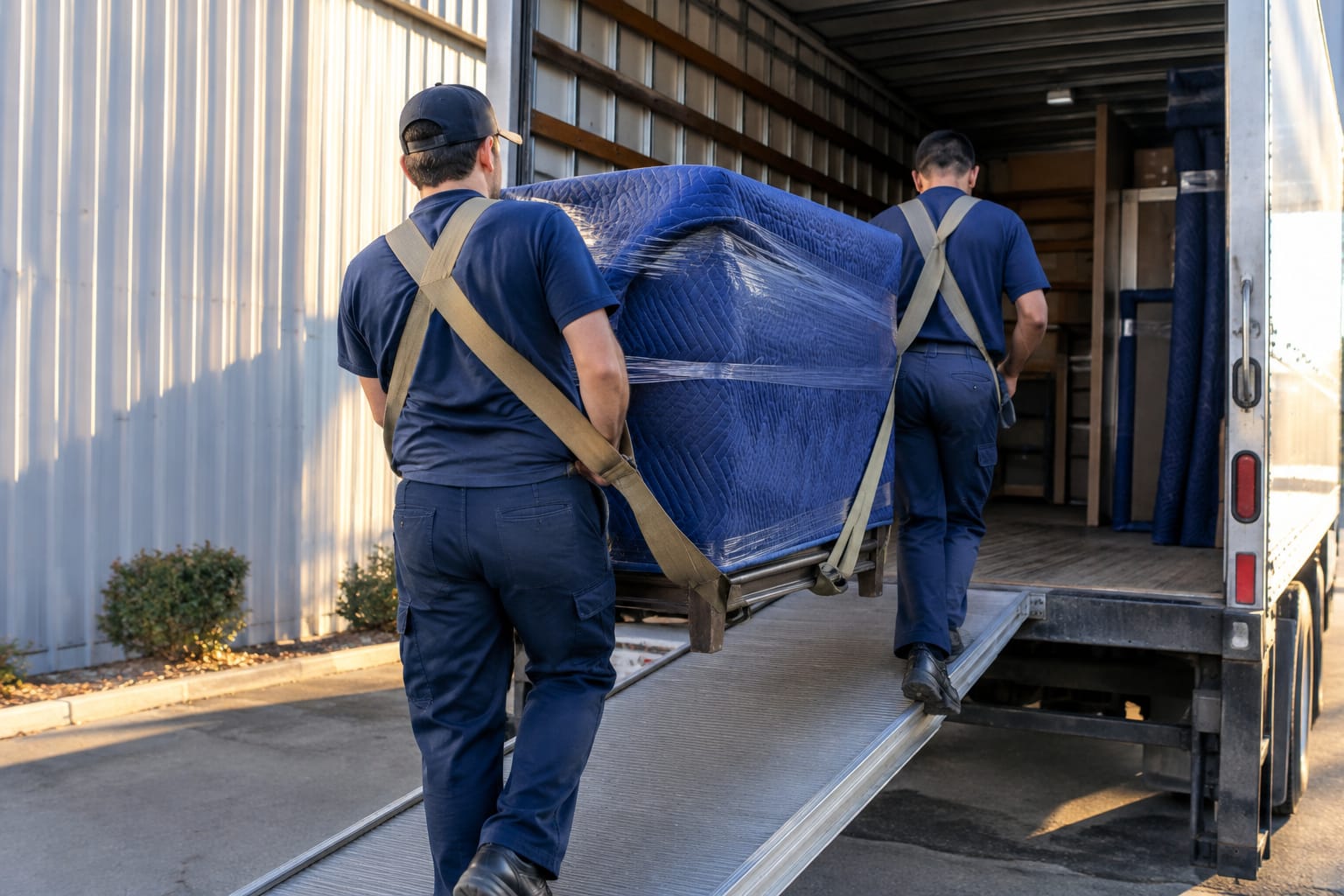Foreman handing paper timesheets to three movers beside a truck in a parking lot at late afternoon