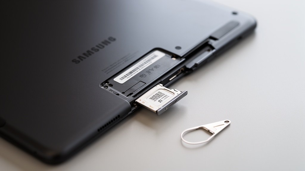 Close-up overhead shot of the back of a Samsung Galaxy Tab with the SIM tray ejected, showing the IM