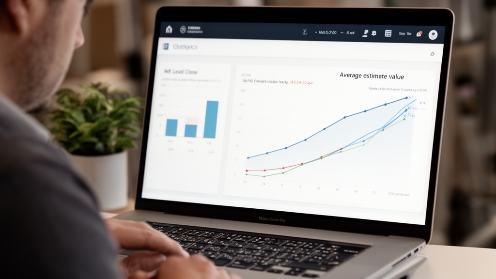 A close-up of a laptop screen displaying a CRM analytics dashboard with a bar chart comparing monthl