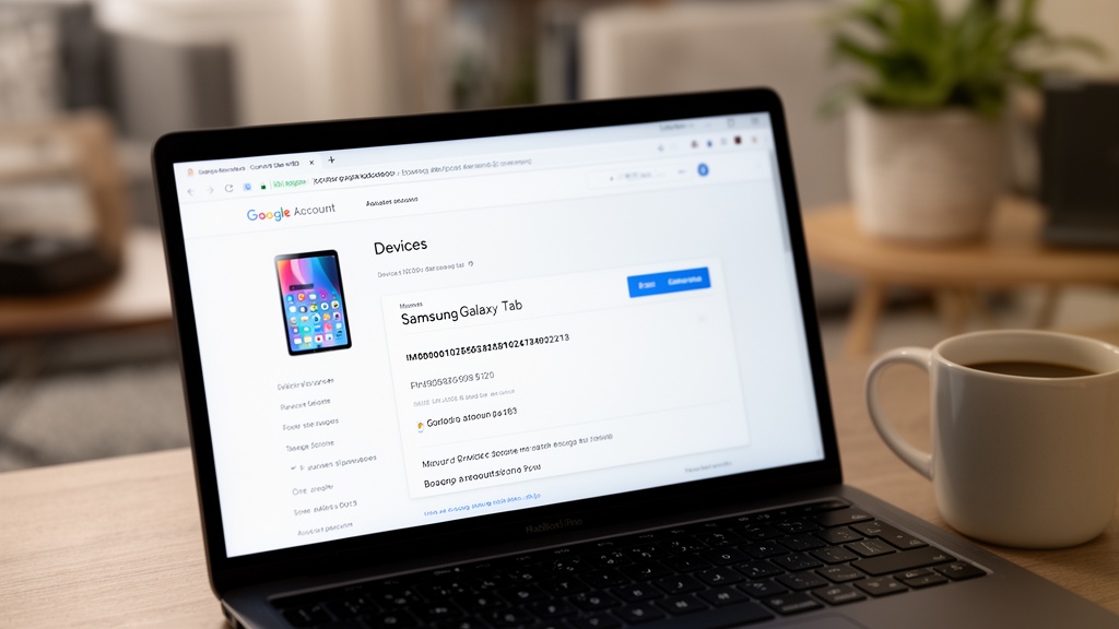 A laptop screen showing the Google Account 'Devices' section with a Samsung Galaxy Tab listed and it