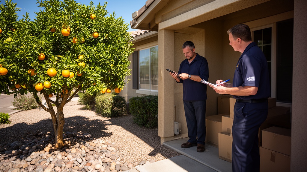 A homeowner stands on the front porch of a Phoenix suburban house reviewing a moving quote on a smar