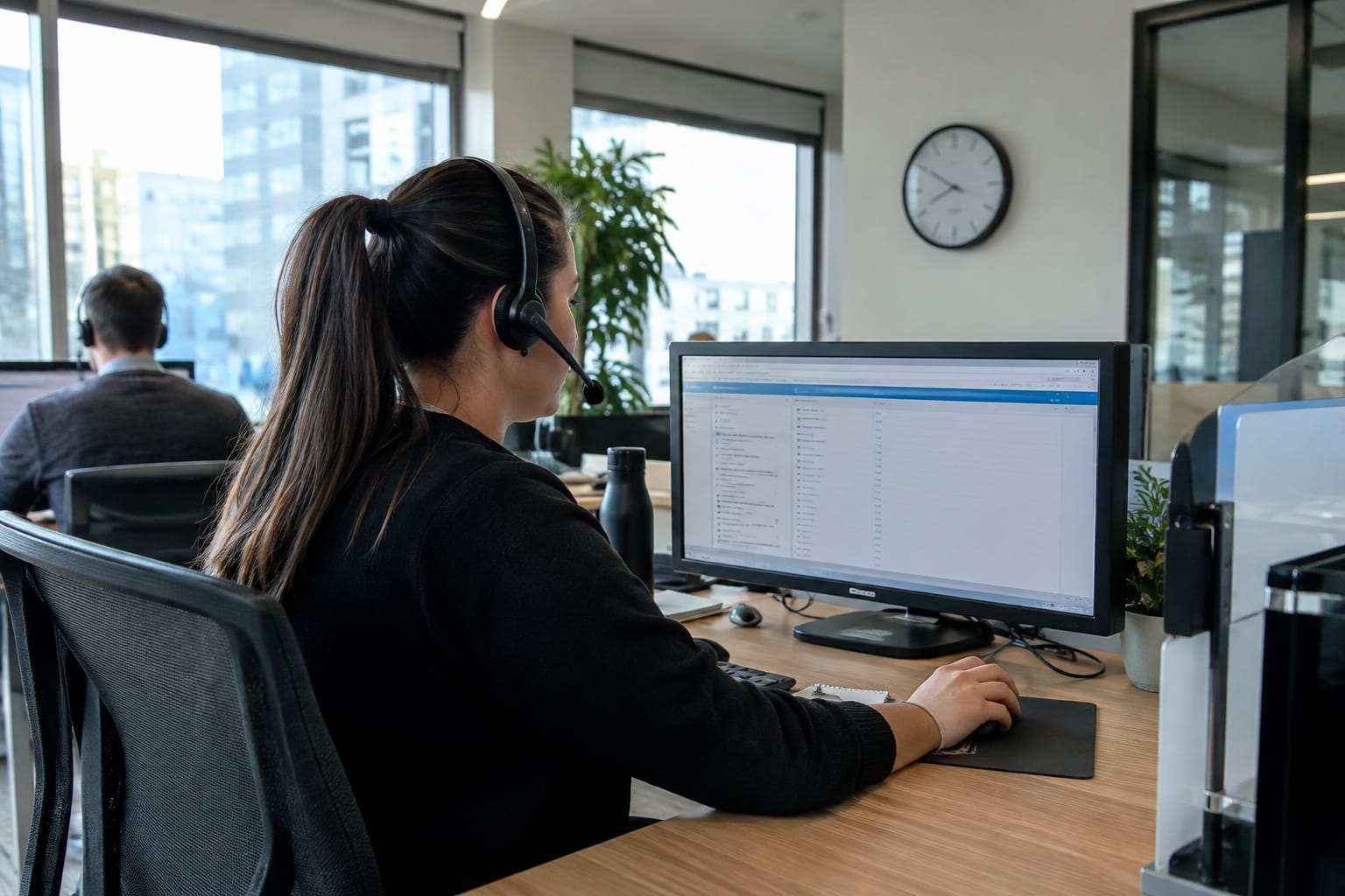 Dispatcher on a headset call clicking a lead record with a timer clock on the wall behind.