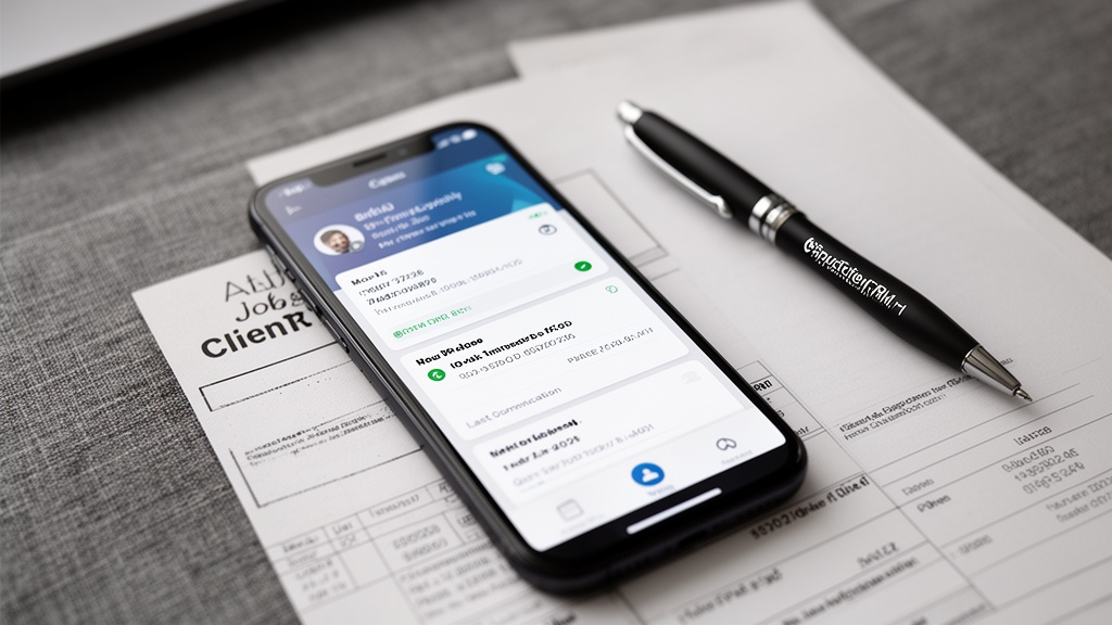 Close-up overhead shot of a smartphone on a desk showing a mobile CRM app with a client contact card