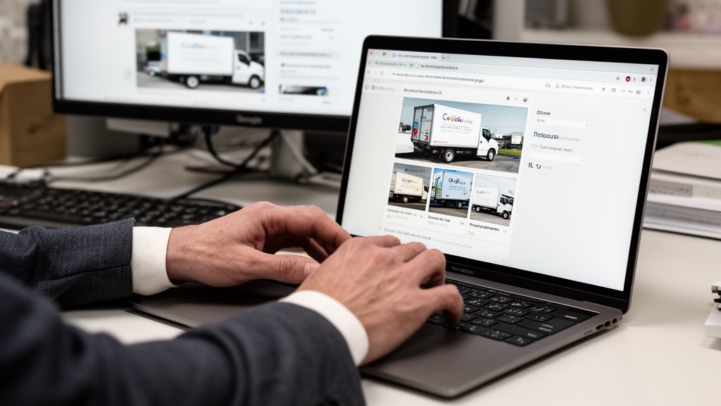A close-up of a person's hands typing on a laptop keyboard while a second monitor shows the Google B