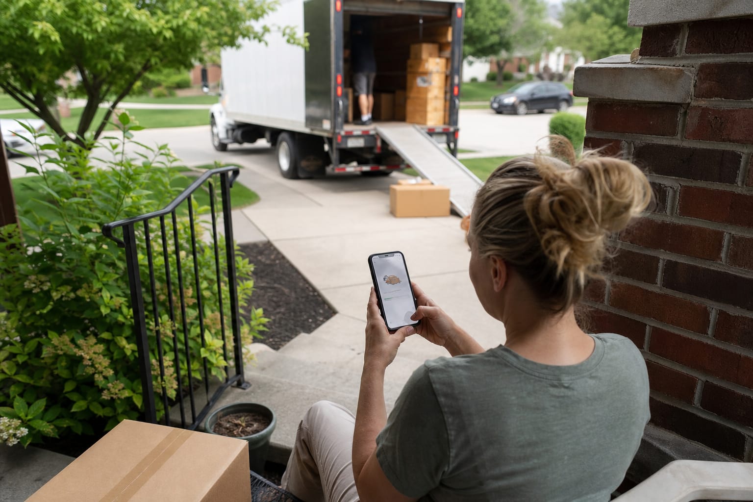 Homeowner checking a move-status screen on her phone as a truck backs into the driveway