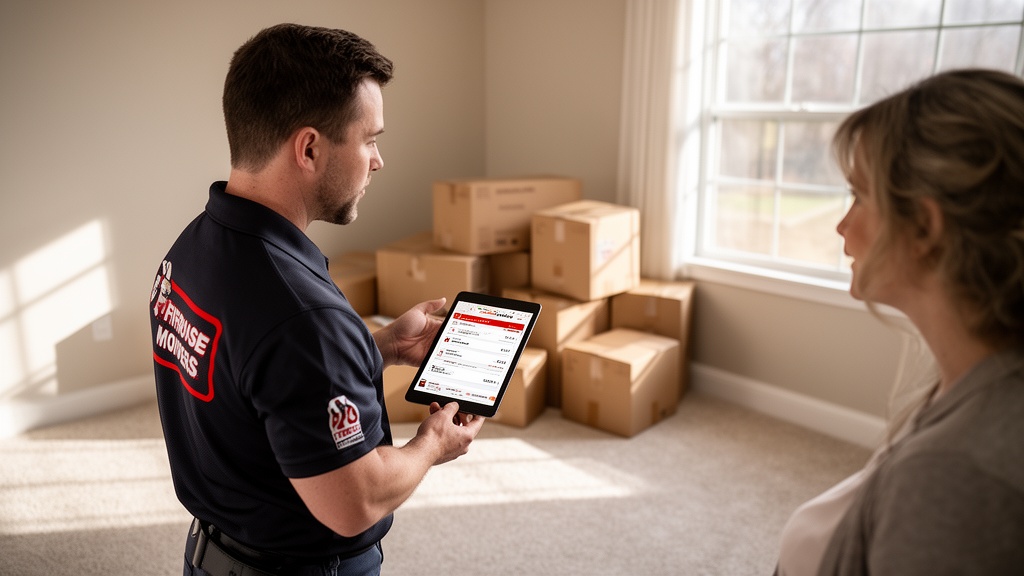 A Firehouse Movers sales representative in a company polo stands in an empty carpeted living room ac