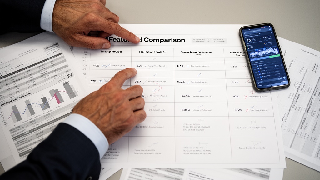 A printed feature comparison matrix laid flat on a conference table with a businessman's hand pointi