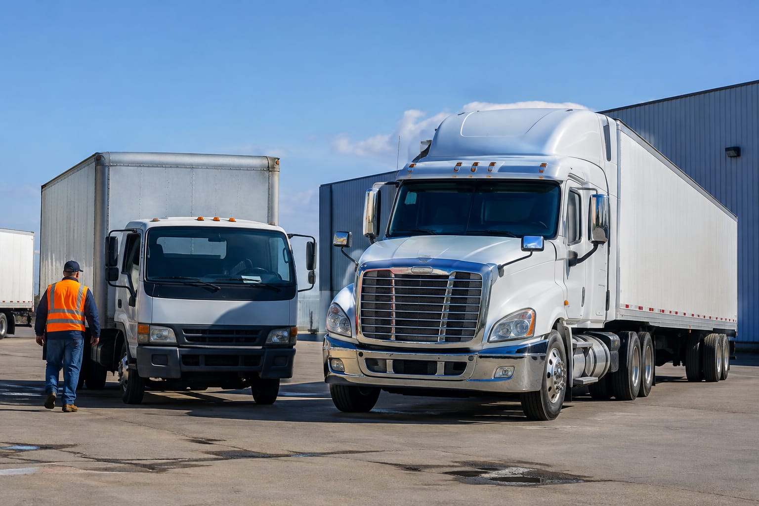 Unmarked long-haul moving tractor-trailer parked at a highway truck stop at dusk with trailer doors closed