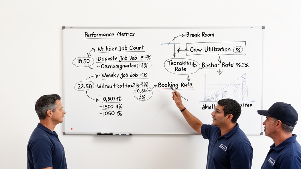 A whiteboard mounted in a moving company break room covered in hand-drawn performance metrics — week