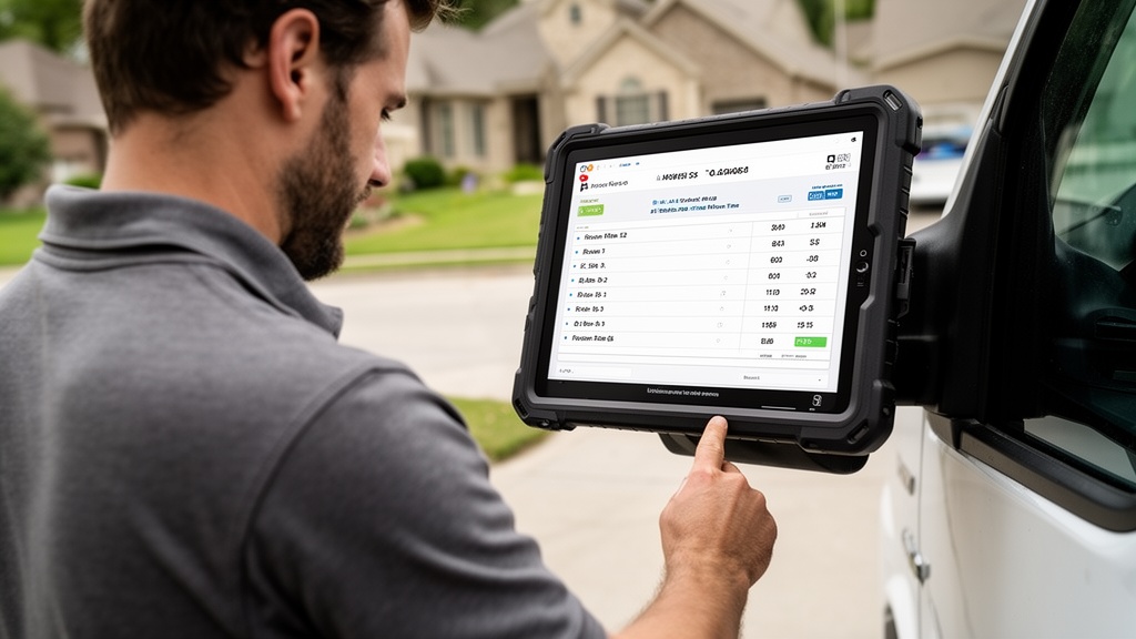 A moving crew lead standing outside a moving truck in a suburban neighborhood reviews an AI-generate
