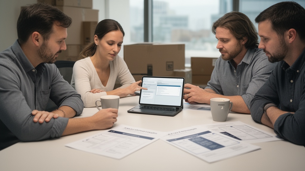 A small moving company team of four people gathered around a conference table looking at a tablet sc