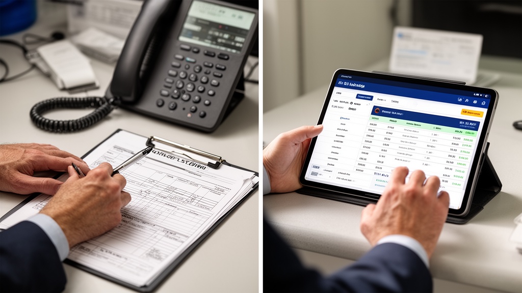 A split-screen side-by-side photo: on the left, a dispatcher writing estimates on a paper clipboard 