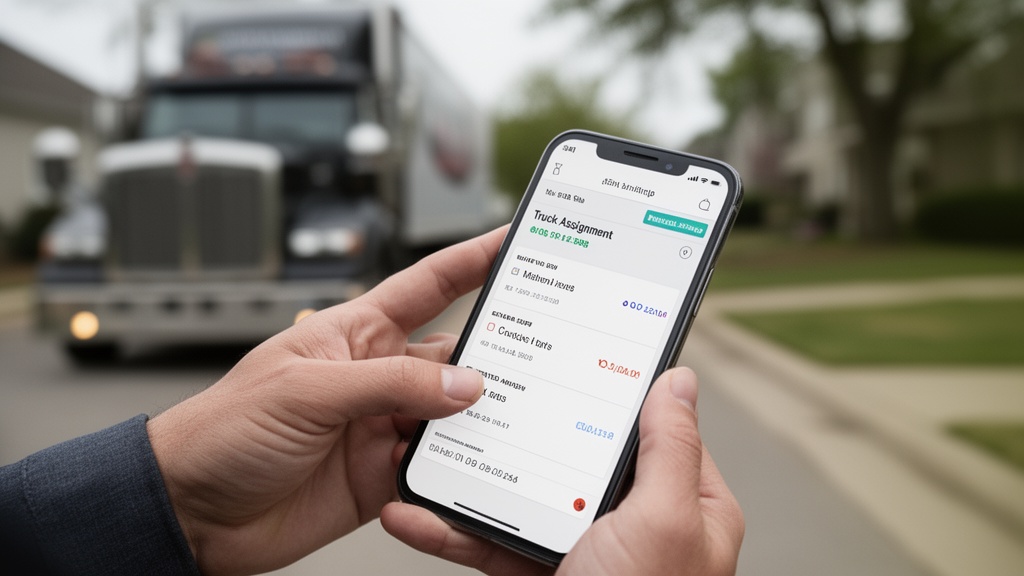 A close-up of a person's hand scrolling through a mobile app displaying moving job details — truck a