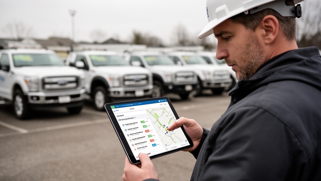 A field service team leader in a hard hat reviewing a tablet showing a job dispatch dashboard with c