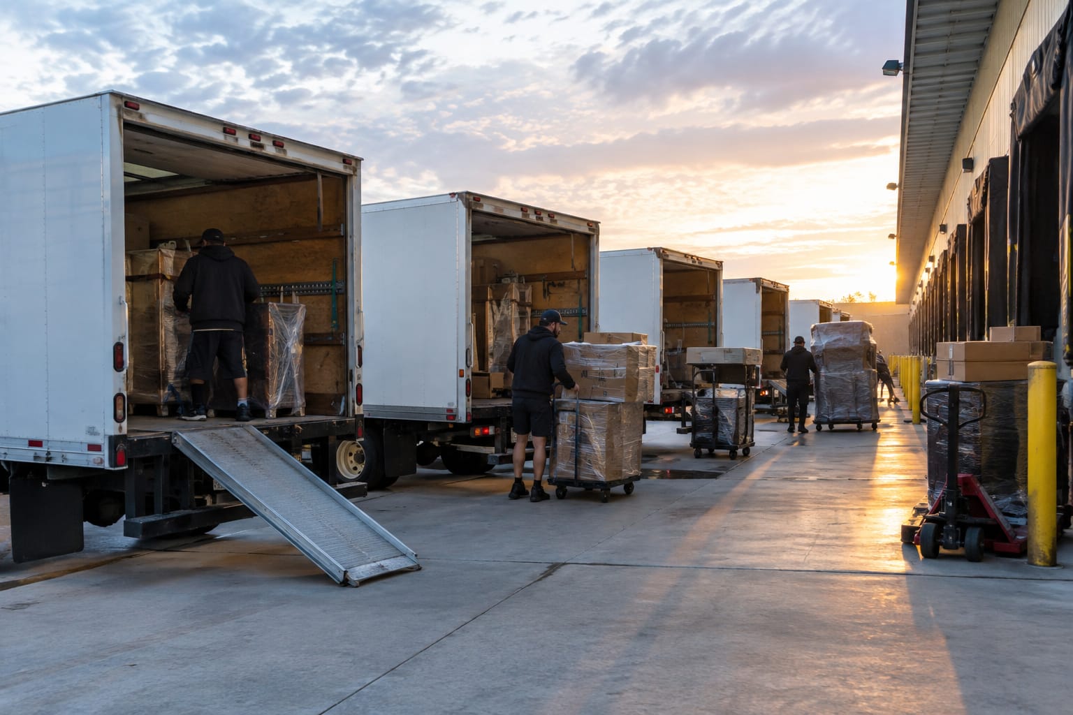 Foreman checking a phone job list beside three box trucks at a loading dock as crew carry furniture pads