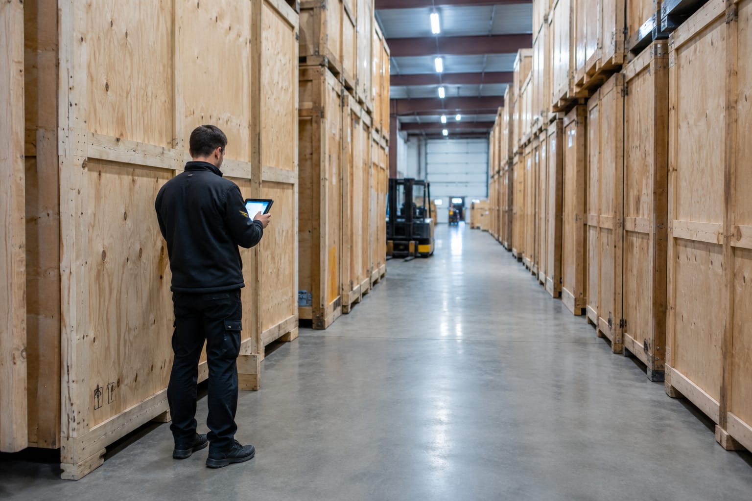 Warehouse manager checking labels on stacked wooden storage vaults against a tablet list of assignments