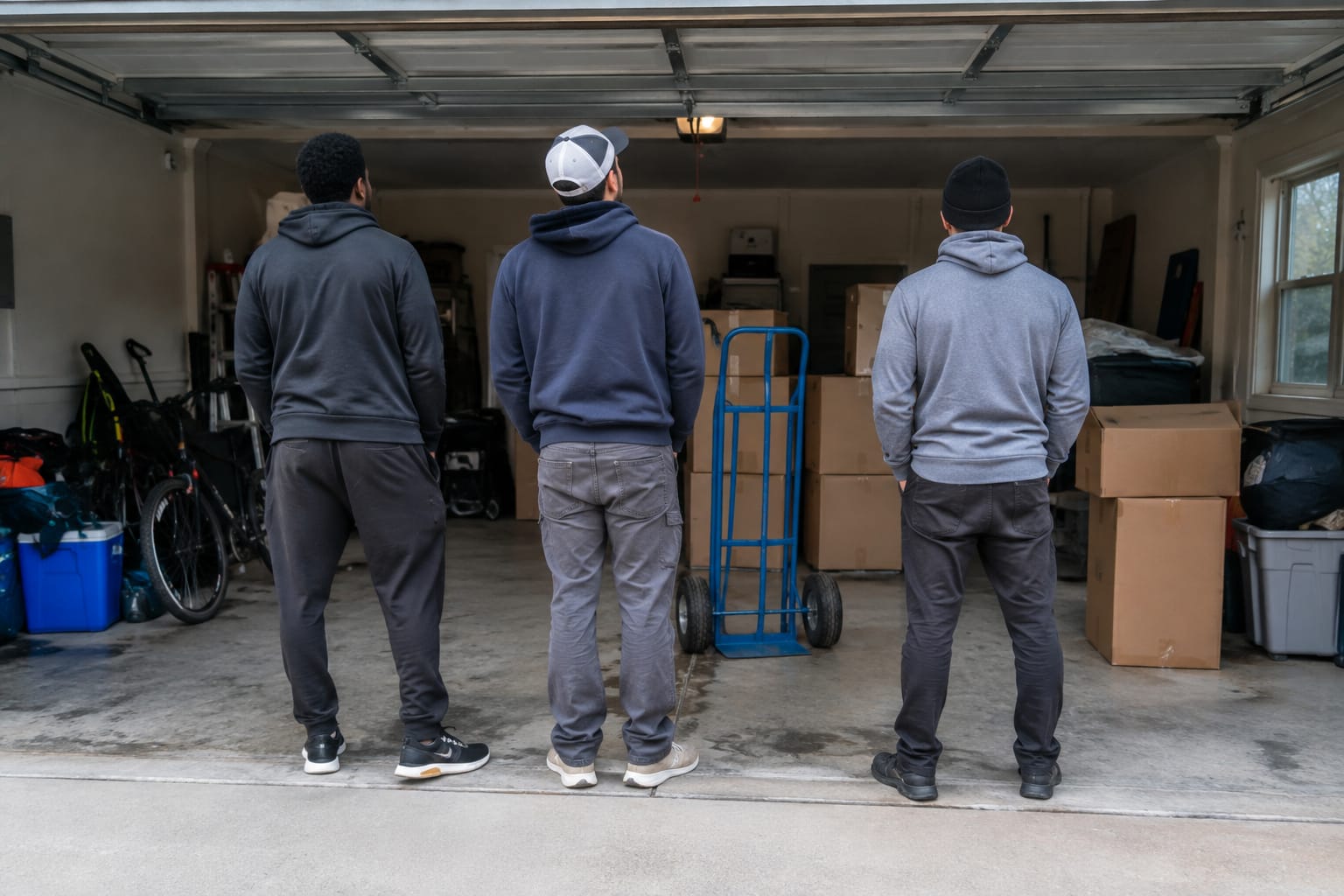 Four movers waiting beside a box truck in an apartment parking lot, one checking a watch, one seated on the ramp