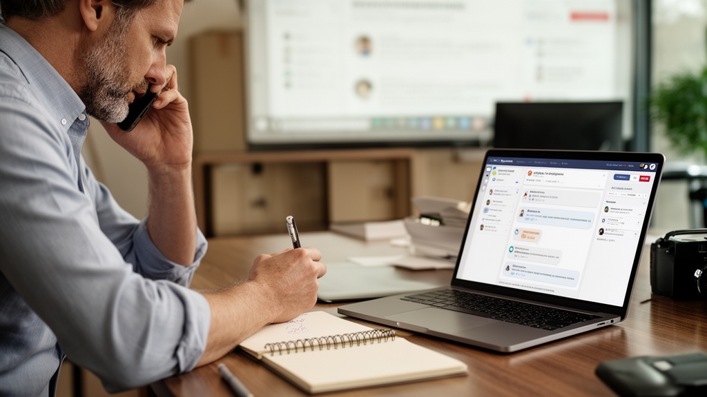 A moving company sales rep — a man in his early 40s in a collared shirt — on a phone call at his des
