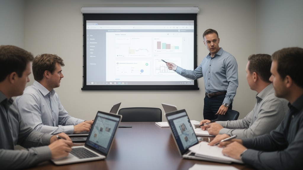 A moving company training session in a small conference room with a manager pointing to a projector 