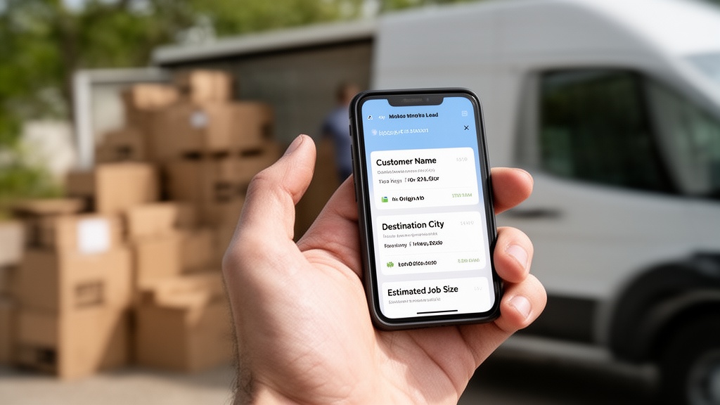 Close-up of a hand holding a smartphone displaying a real-time moving lead notification with custome