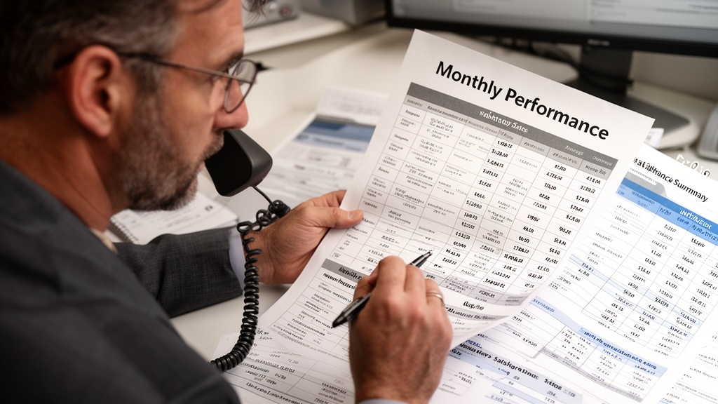 A moving company owner on a desk phone reviewing a monthly performance summary printed on paper, rea
