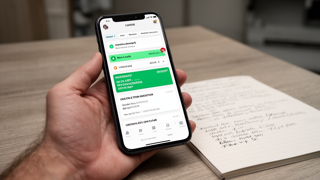 A smartphone screen held in hand showing a moving company CRM mobile app with a notification badge f